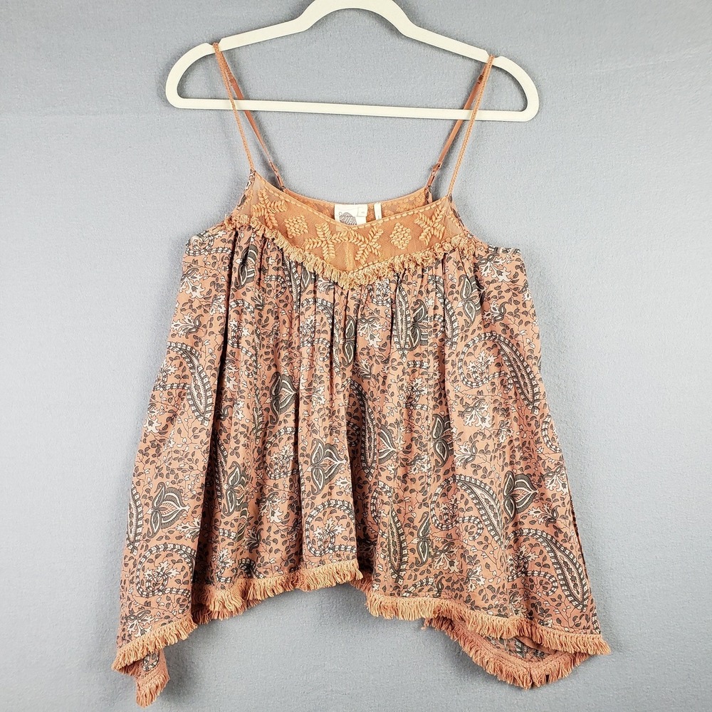 Lilka XS Embroidered Paisley Swing Tank Peach Orange Fringe Western Boho Cami
